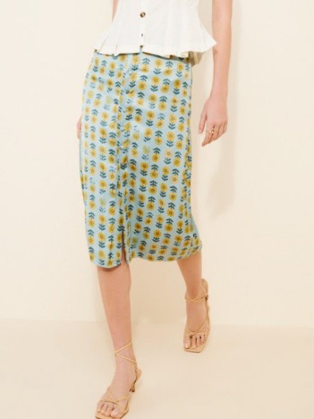Free People Analise Midi Skirt Light Blue Yellow Printed Floral Button Front 6